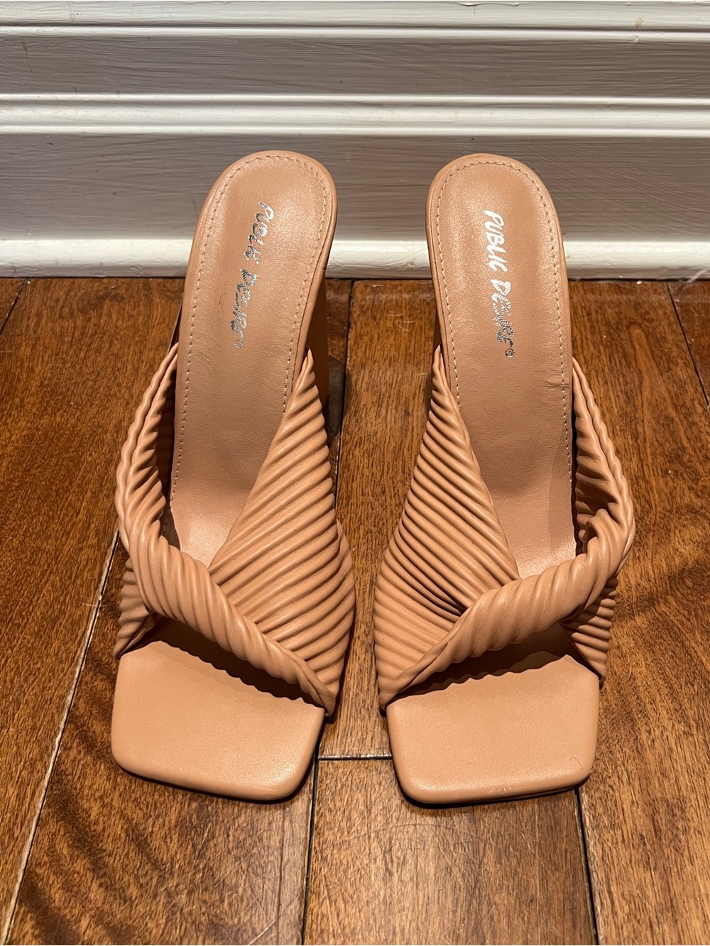 Public Desire Nude Braided Strap Square Toe Mules